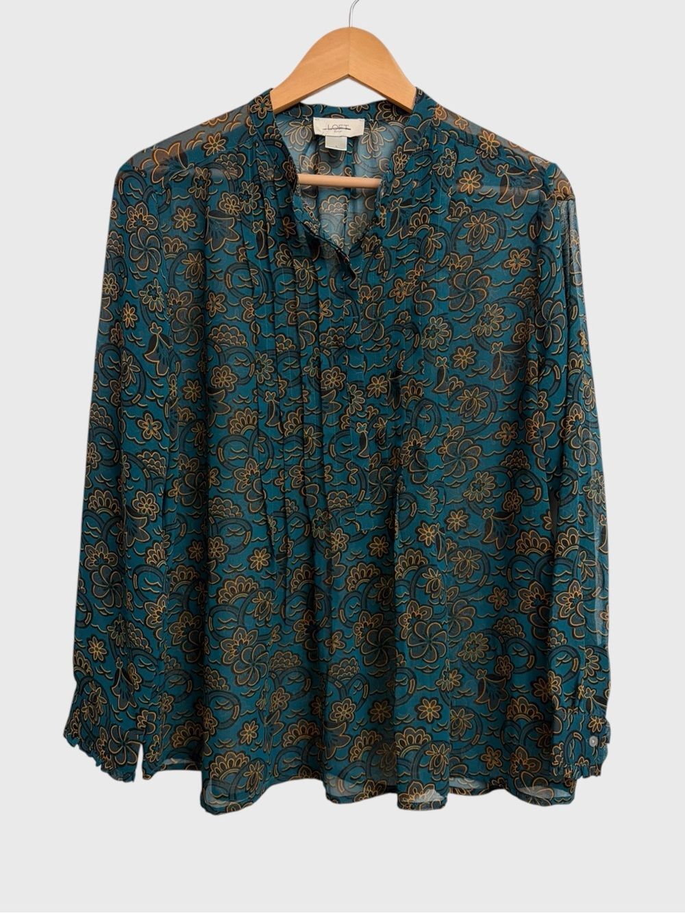 LOFT Green Gold Floral Sheer Pintuck Blouse Women's Size L Romantic Feminine